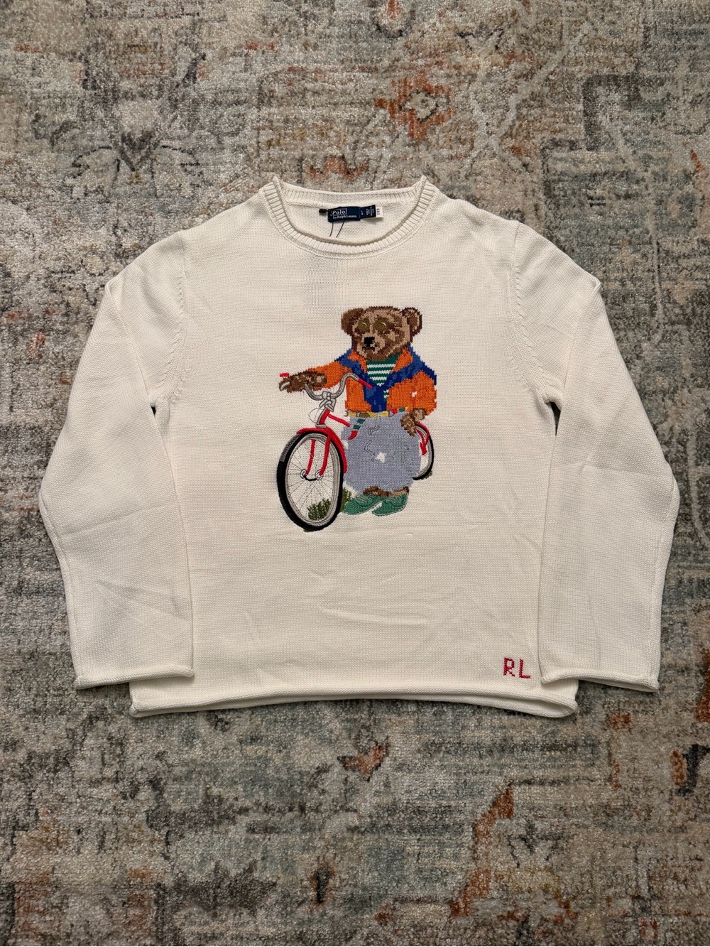 Ralph Lauren Cream Crewneck Sweater with Polo Bear Bicycle Motif